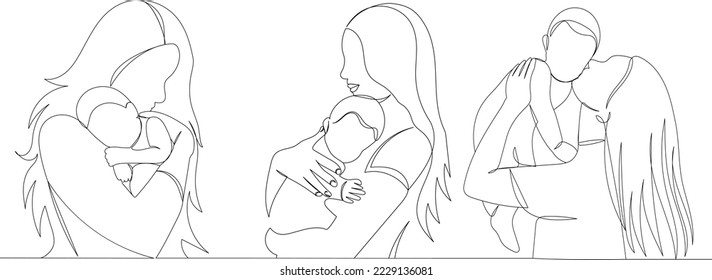 moms and babies continuous line drawing, vector sketch