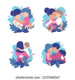 The moms and babies hugging in love. The son and daughter kissing mom. A set of Mother’s day is a vector illustration