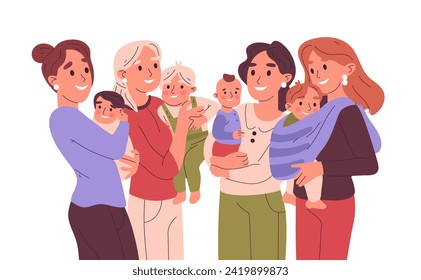 Moms carrying babies. Mothers with newborn kids and toddlers, female parents with cute kids flat vector illustration on white. Happy motherhood concept