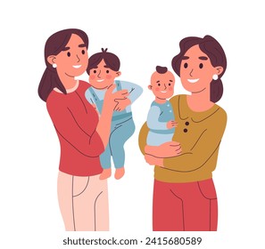 Moms carrying kids in arms. Two loving mothers with babies, young mums and cute babies vector illustration. Caring mothers on white background