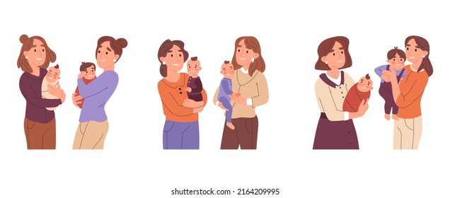 Madres con recién nacidos y niños pequeños, madres con hijos pequeños. Las madres de caricatura hablan entre ellas, las madres de un club de cuidado de bebés ilustran el vector. Madres y bebés a cargo