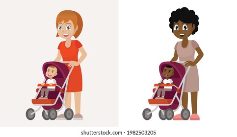 moms communicate and ride toddlers in prams.