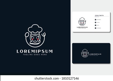 Mom's cooking logo. illustration of mother with a fork and spoon. vector line art icon template