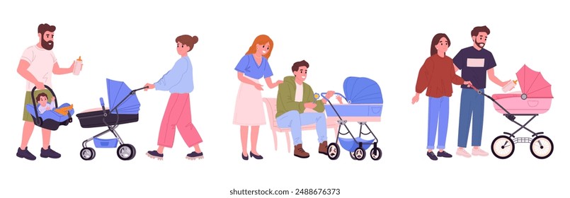 Moms and dads with baby strollers. Parents walking together with newborn child in carriage, family outdoor recreation flat vector illustration set. Cartoon parenting scenes