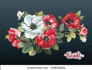 Mom's day greeting poster design. Happy Mother's Day. Floral vintage card with beautiful bouquet, blossoming spring anemones. Elegant template with flowers for congratulation. Illustration for print.