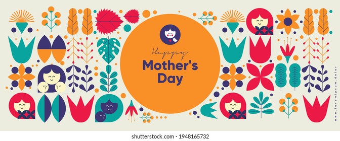 Mom's day. Women's Day. Vector flat illustration. Abstract backgrounds, patterns about mothers day. Perfect for poster, label, banner, invitation. Flat graphics. Flowers, abstract geometric shapes.