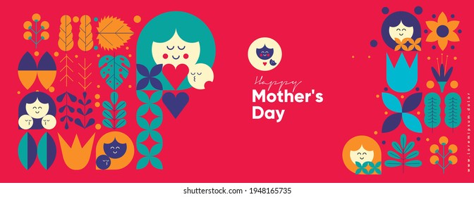 Mom's day. Women's Day. Vector flat illustration. Abstract backgrounds, patterns about mothers day. Perfect for poster, label, banner, invitation. Flat graphics. Flowers, abstract geometric shapes.