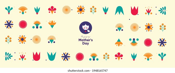 Mom's day. Women's Day. Vector flat illustration. Abstract backgrounds, patterns about mothers day. Perfect for poster, label, banner, invitation. Flat graphics. Flowers, abstract geometric shapes.