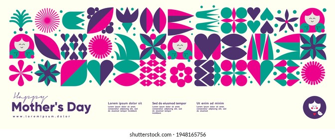 Mom's day. Women's Day. Vector flat illustration. Abstract backgrounds, patterns about mothers day. Perfect for poster, label, banner, invitation. Flat graphics. Flowers, abstract geometric shapes.