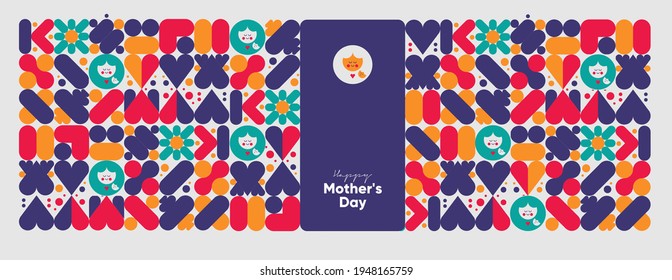 Mom's day. Women's Day. Vector flat illustration. Abstract backgrounds, patterns about mothers day. Hearts, abstract geometric shapes. Perfect for poster, label, banner, invitation. 