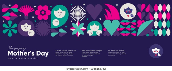 Mom's day. Women's Day. Vector flat illustration. Abstract backgrounds, patterns about mothers day. Hearts, abstract geometric shapes. Perfect for poster, label, banner, invitation. 