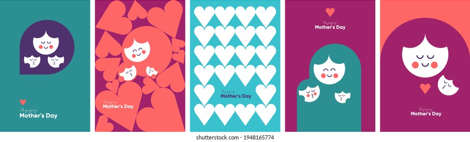 Mom's day. Women's Day. Vector flat illustration. Abstract backgrounds, patterns about mothers day. Hearts, abstract geometric shapes. Perfect for poster, label, banner, invitation. Mom with a child. - Shutterstock ID 1948165774