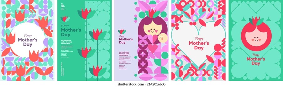 Mom's day. Women's Day. Vector flat illustration. Abstract backgrounds, patterns about mothers day. Hearts, abstract geometric shapes. Perfect for poster, label, banner, invitation.