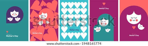 Mom\'s day. Women\'s Day. Vector flat illustration.\
Abstract backgrounds, patterns about mothers day. Hearts, abstract\
geometric shapes. Perfect for poster, label, banner, invitation.\
Mom with a child.