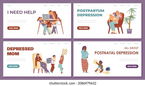 Mom's depression, postpartum depression. Set of vector flat web templates for landing pages, moms in stress who need help. Design for website.