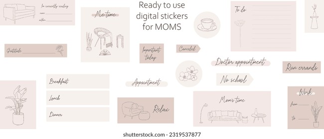 Los stickers digitales de mamá. Papeles de notas digitales y stickers para el periodismo o la planificación digital de balas. Listo para usar stickers digitales para madres. Grabado a mano. Estilo minimalista. Arte vectorial.
