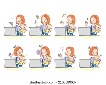 Mom's facial expression set holding baby while looking at the computer