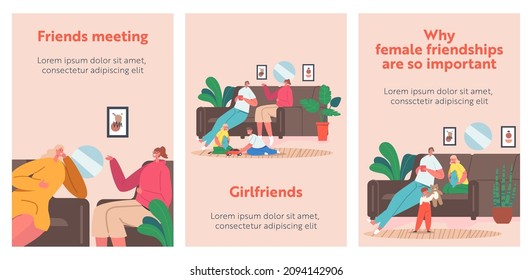 Moms Girlfriend at Home Cartoon Banners, Happy Family Characters Laughing, Drink Tea, Mother, her Friends and Children Telling Stories, Communicate, Spending Time Together. People Vector Posters Set