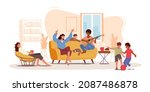 Moms Girlfriend at Home, Happy Family Characters Laughing, Playing Guitar, Mother, her Friends and Children Telling Funny Stories, Dance, Spending Time Together. Cartoon People Vector Illustration