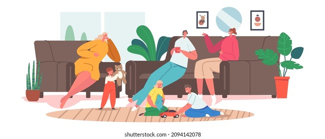 Moms Girlfriend at Home, Happy Family Characters Laughing, Drink Tea, Mother, her Friends and Children Telling Stories, Playing, Communicate, Spending Time Together. Cartoon People Vector Illustration