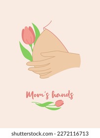 Mom's hands. The pregnant woman put her hand on her stomach. Vector flat linear illustration for card, poster, banner