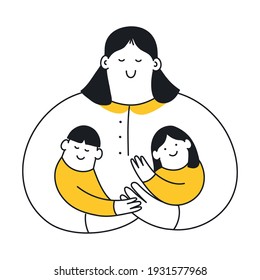 Mom's love and care, family. Mom holds two children in her arms. Thin outline vector illustration on white background