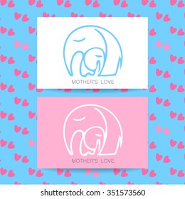 Mom's love - logo design. Vector illustration. Mother elephant hugging his baby. The idea for the sign for the kindergarten, school, club, baby products and others.