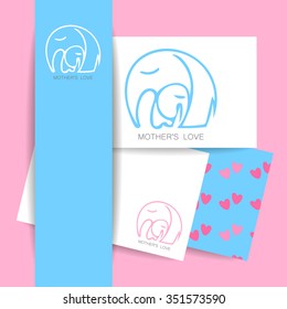 El amor de mamá - diseño de logo. Ilustración vectorial. Madre elefante abrazando a su bebé. La idea del cartel para el jardín de infantes, escuela, club, productos para bebés y otros.