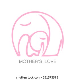 Mom's love - logo design. Vector illustration. Mother elephant hugging his baby. The idea for the sign for the kindergarten, school, club, baby products and others.