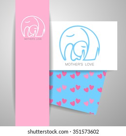 El amor de mamá - diseño de logo. Ilustración vectorial. Madre elefante abrazando a su bebé. La idea del cartel para el jardín de infantes, escuela, club, productos para bebés y otros.
