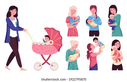 Moms with newborn babies. Happy motherhood collection, mothers hold little children, baby stroller, women with daughters and sons, parent care and love vector isolated on white cute trendy cartoon set