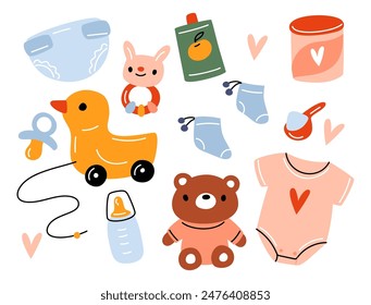 Moms with newborn baby. Kid toys and clothing. Toddler bodysuit. Diaper and socks. Rubber duck. Milk bottle. Children pacifier and rattle. Childish stuff. Vector infants