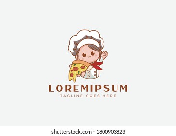 Mom's pizza logo design inspiration. Vector illustration of cute chef brings pizza