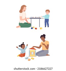 Moms Playing With Their Kids Set. Mother And Children Playing Soccer Board Game And Toy Blocks Vector Illustration