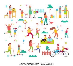 Moms spending time happily with small children by cooking or riding bike. Real love between mothers and their kids vector illustration