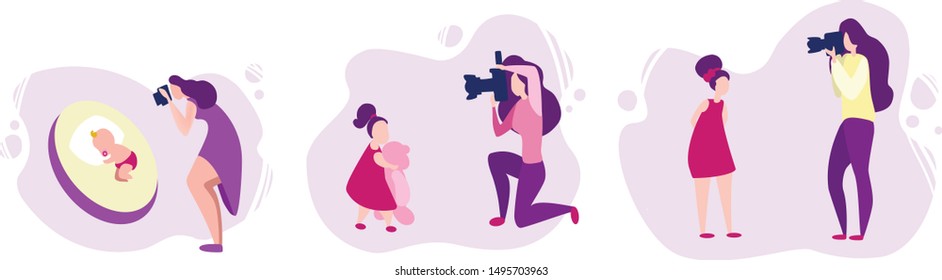 Moms take pictures of their daughters on camera. A set of women who take pictures of how their growing up children grow: a baby, a girl with a teddy bear and a teenager. Vector drawings, flat minimal