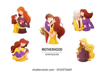 Moms with their children of different ages, pregnant woman. Motherhood, Parenthood, Childhood, Mother's Day Happy family concept. Isolated vector illustration for card, postcard, poster, banner.