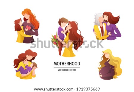 Moms with their children of different ages, pregnant woman. Motherhood, Parenthood, Childhood, Mother's Day Happy family concept. Isolated vector illustration for card, postcard, poster, banner.
