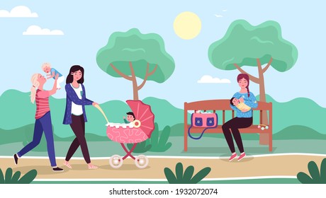 Moms walking city park. Women with newborn kids outdoor, happy young mother rolls baby stroller, parenting lifestyle, walks with children. Summer landscape background vector cartoon motherhood concept