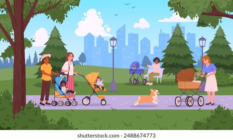 Moms wheels baby strollers. Young mothers walking with children in wheeling carriages, women walk in park with pushchairs flat vector illustration. Parenting, motherhood scene