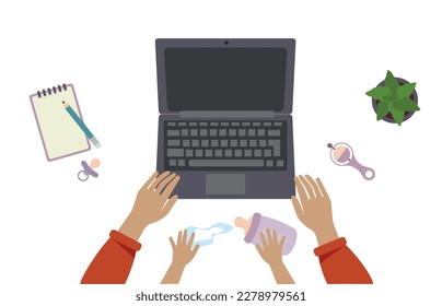 Mom's workplace, hands on the keyboard, baby's hands holding a bottle. Mother and child are working at the table. vector illustration, top view