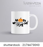 Momster - fun lettering for halloween with pumpkin Jack-o-lanterns. Illustration with coffee mug mockup