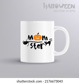 Momster - fun lettering for halloween with pumpkin Jack-o-lanterns. Illustration with coffee mug mockup