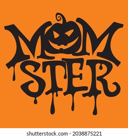 Momster Halloween Design. Mom of Monsters, Halloween graphic print for t shirt. Typography logo design with quote Momster with Pumpkin. Holiday emblem