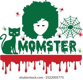 Momster Halloween Vector Design, Mom Halloween Vector Art, Halloween T-Shirt Design, Spooky Clipart Design, Bloody Mother, Silhouette Cat Vector, Horror Cat Vector Design, Spider Web Printable File
