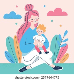 Mom,woman,person hugging her child with happy face.Colorful plants,clouds in the background,Mother and child day.Art style,flat and cartoon,vector