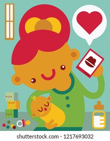 Momy with baby talking over the phone with someone that sends hearts and good wishes