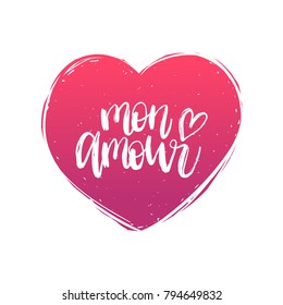 Mon Amour hand lettering phrase. Vector February 14 calligraphy in heart shape. Valentines day typography.