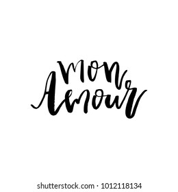 Mon Amour - Happy Valentines day card with calligraphy text on white. Template for Greetings, Congratulations, Housewarming posters, Invitation, Photo overlay. Vector illustration