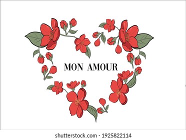 mon amour lettering (my love) slogan with red bloom flowers heart design